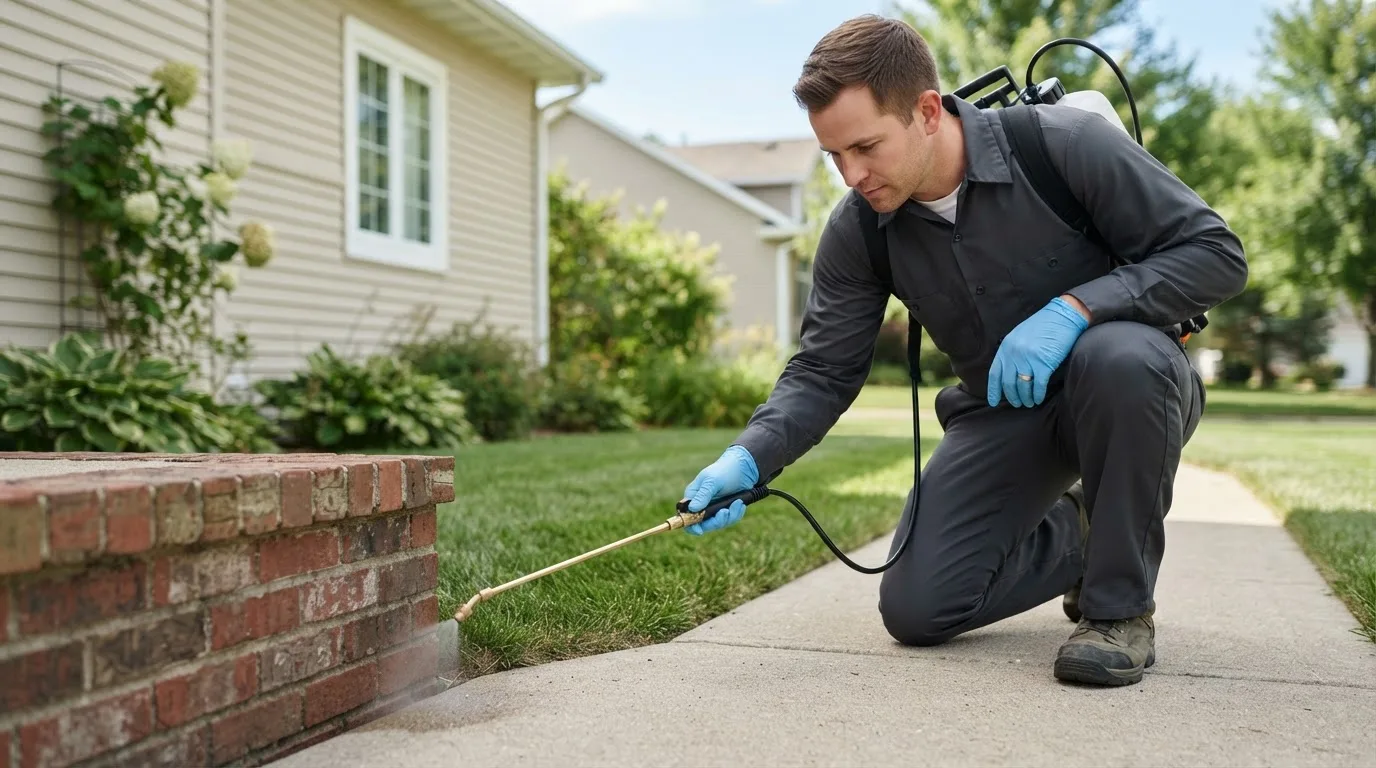 Pest control technician treating a home near New Milton, WV